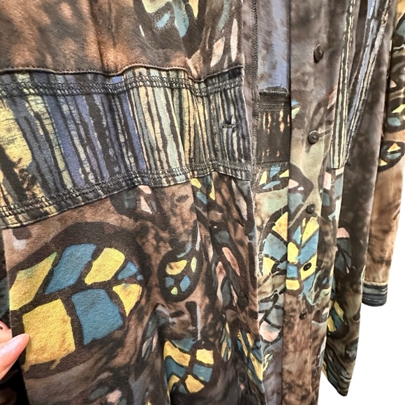 Hand Died Button Up Faux Neck Tunic Natural Tones with Leafs and Stripes 1X - Picture 10 of 13